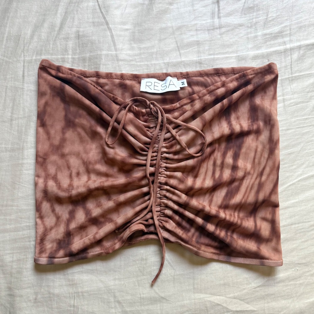 RESA mesh animal leopard tiger printed knit ruched strapless tube cropped top